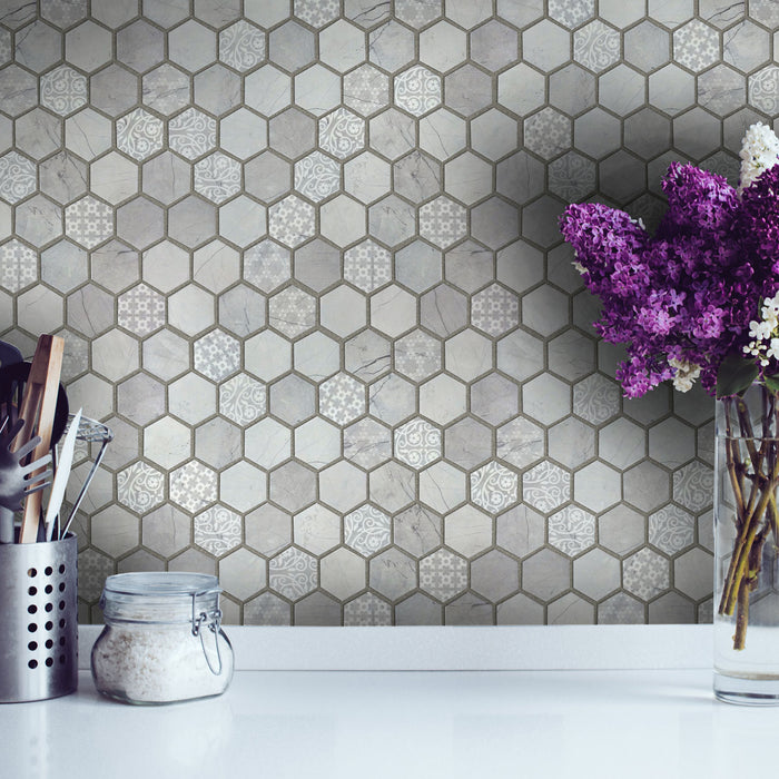 Lungarno Ceramics - Artisan Glass 1.5 in. Hexagon Mosaic - Grigio Installed