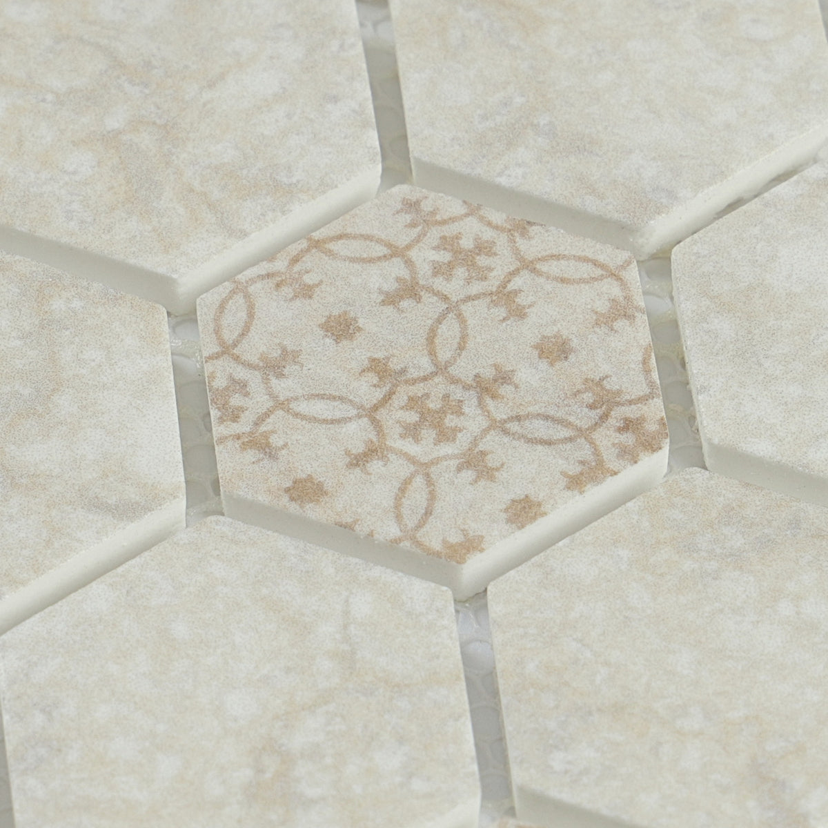 Lungarno Ceramics - Artisan Glass 1.5 in. Hexagon Mosaic - Travertine Close