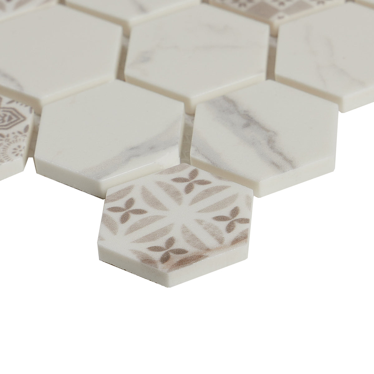Lungarno Ceramics - Artisan Glass 1.5 in. Hexagon Mosaic - Carrara Close 2