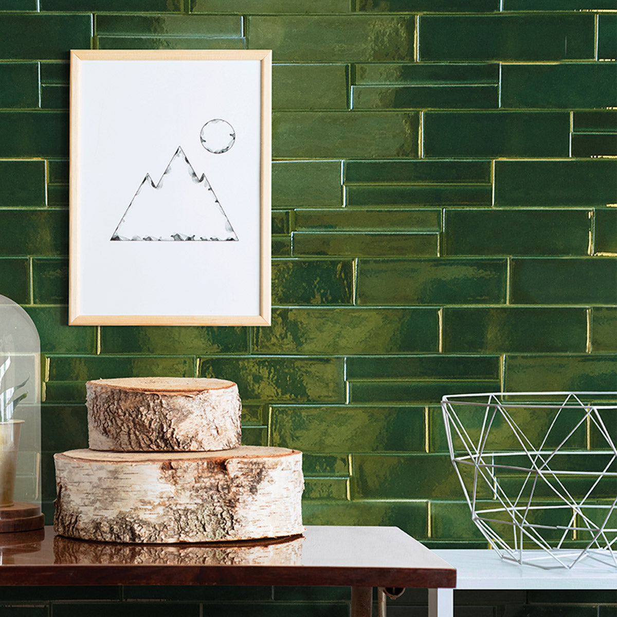 Lungarno Ceramics - Casablanca 2&quot; x 6&quot; Wall Tile - Emerald Installed