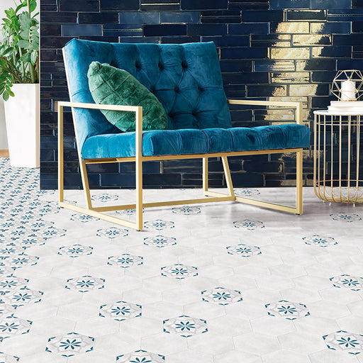 Lungarno Ceramics - Casablanca - Ocean Blue Hex Deco Room Scene