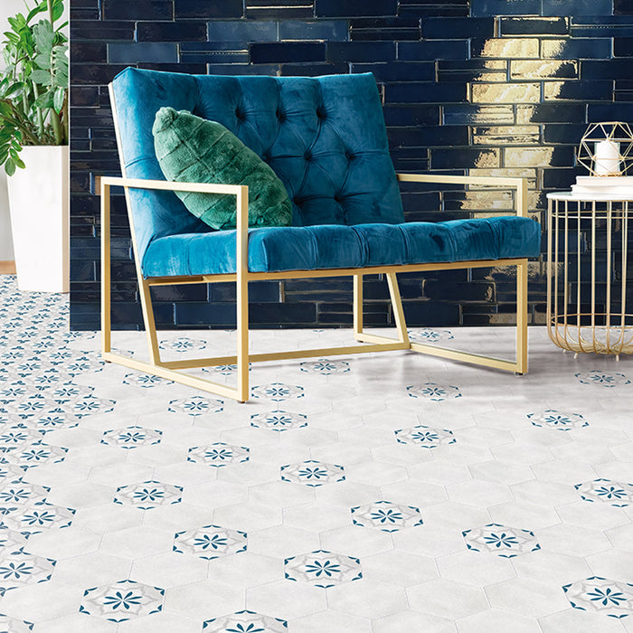 Lungarno Ceramics - Casablanca - Ocean Blue Hex Deco Room Scene