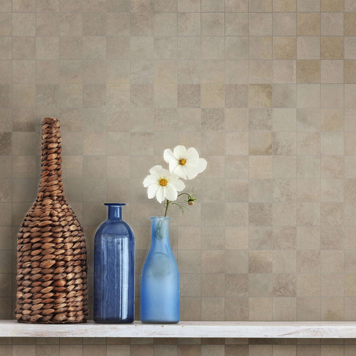 Lungarno Ceramics - Disk 2 in. x 2 in. Porcelain Mosaic - Beige Wall Install