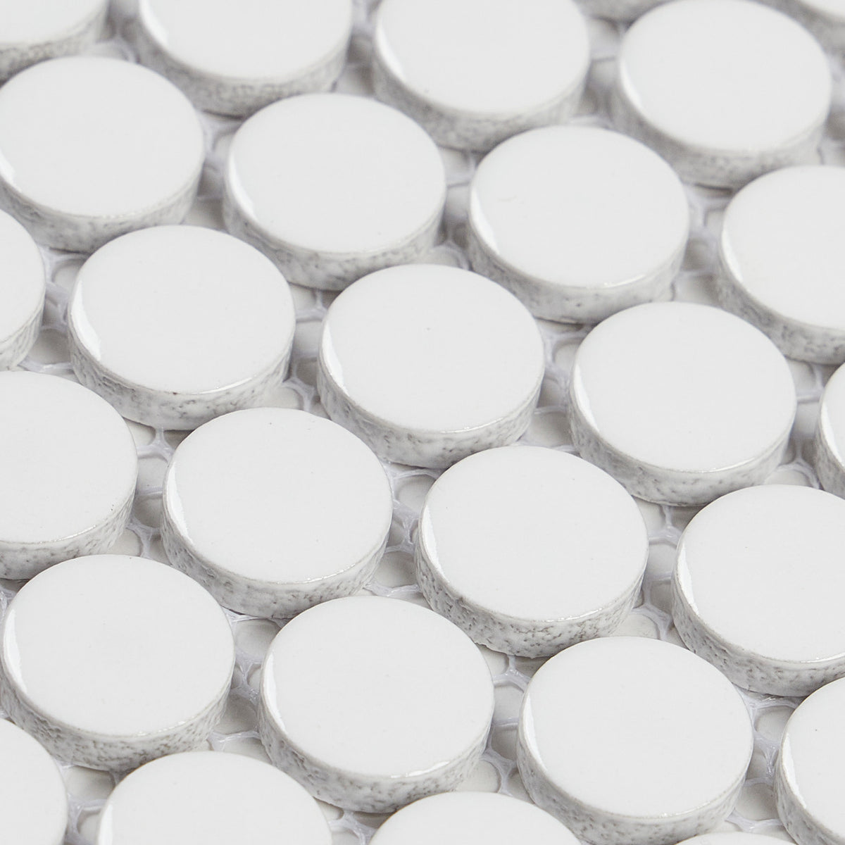 Lungarno Ceramics - Finish Line Penny Round Mosaics - White Gloss Close