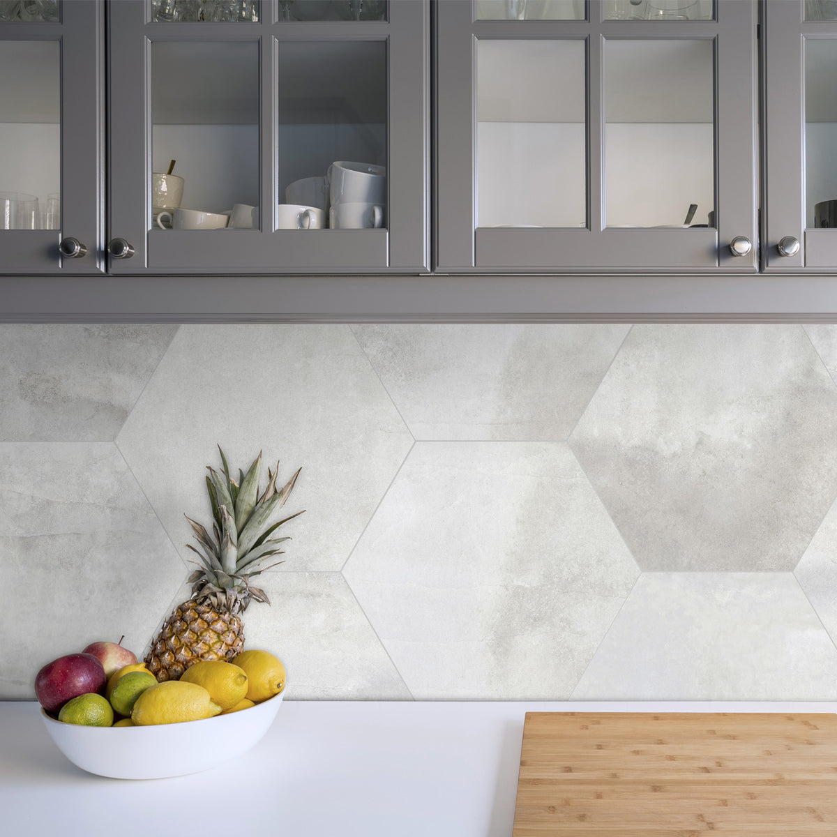 Lungarno Ceramics - Disk 14 in. x 16 in. Porcelain Hexagon Tile - Grey Wall Install