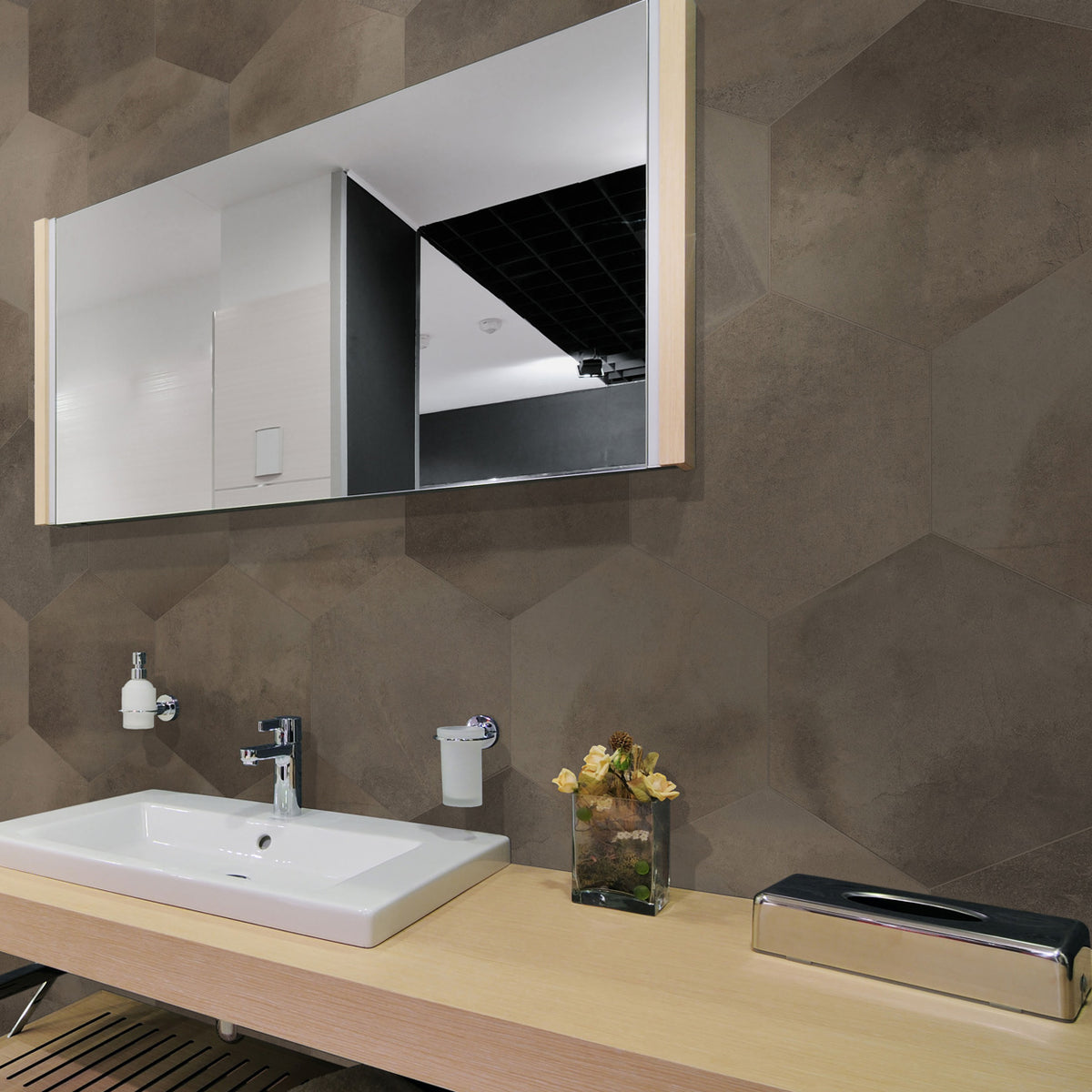 Lungarno Ceramics - Disk 14 in. x 16 in. Porcelain Hexagon Tile - Brown Wall Install