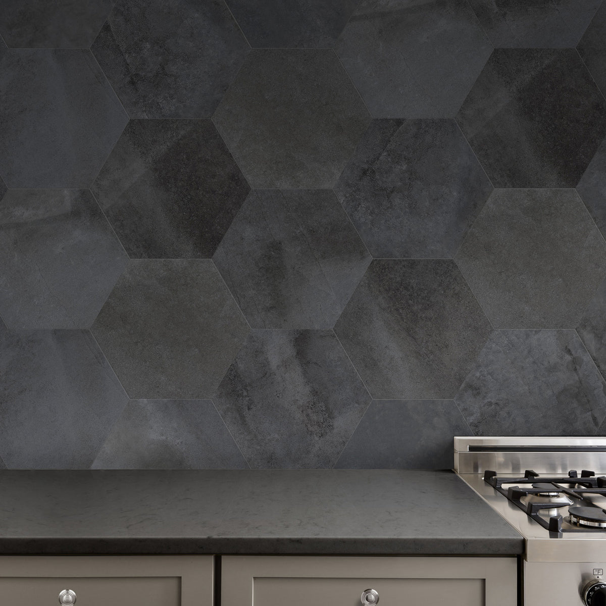 Lungarno Ceramics - Disk Hexagon Tile - Anthracite Wall Scene