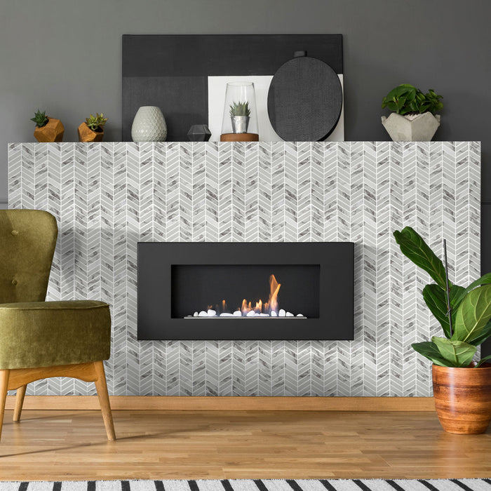 Lungarno - Simple Stone Glass Mosaic - Bianco Chevron Room Scene