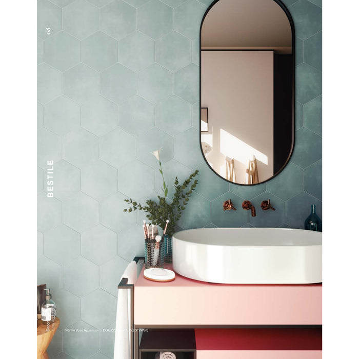 Bestile - Meraki 7.7 in. x 8.9 in. Hexagon Porcelain Tile - Base Aguamarina Installed