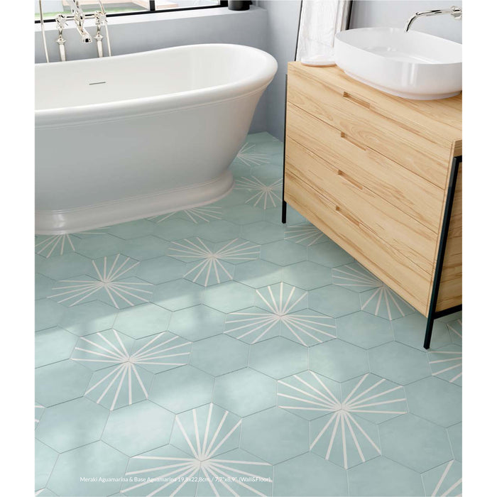 Bestile - Meraki 7.7 in. x 8.9 in. Hexagon Porcelain Tile - Base Aguamarina Room Scene
