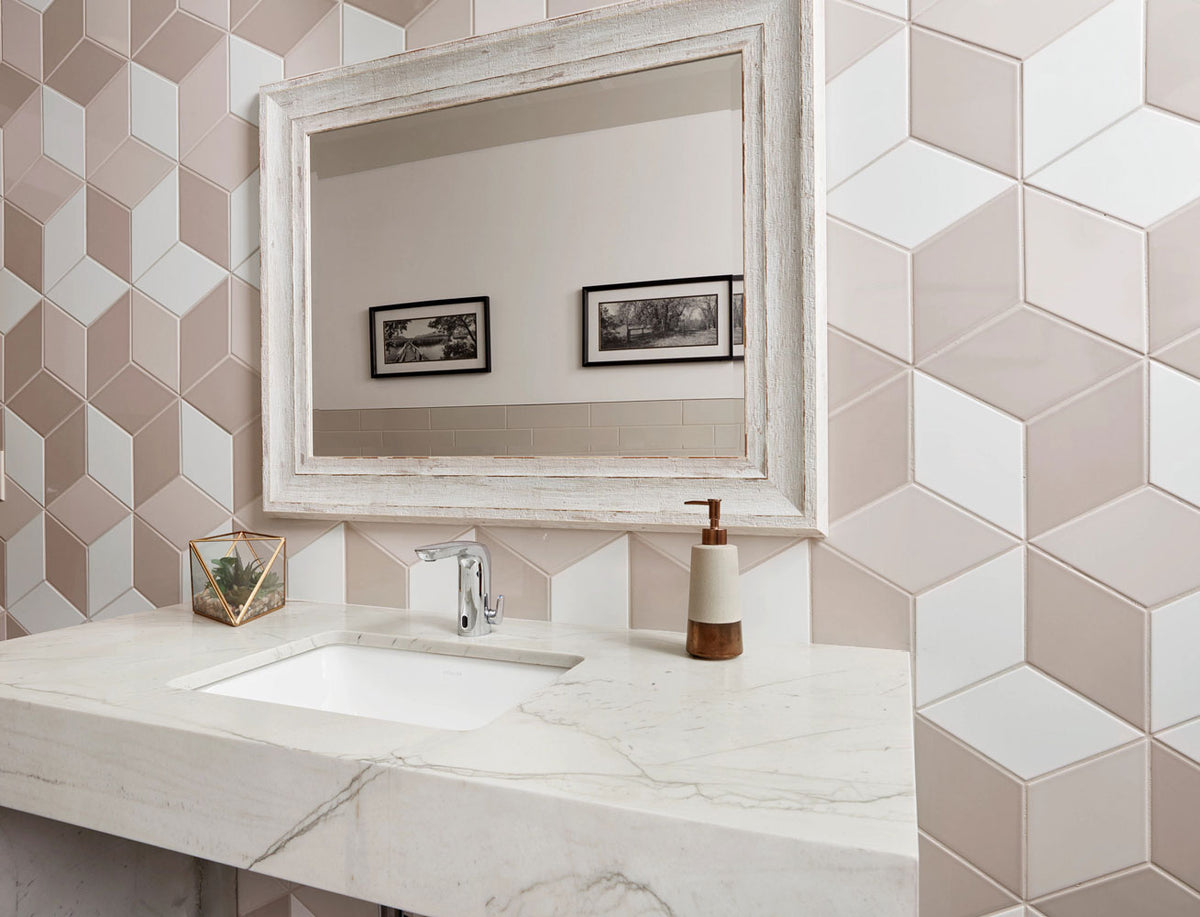 Arizona Tile - Paloma 6&quot; x 10&quot; Rhomboid - Cotton Glossy Bathroom Install