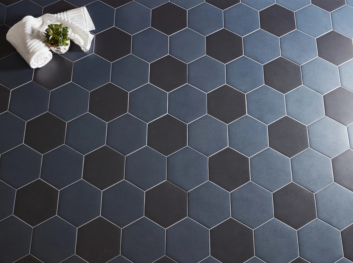 Arizona Tile - Paros Series 8.5&quot; x 10&quot; Rectified Color Body Porcelain Hexagon Tile - Navy Installed
