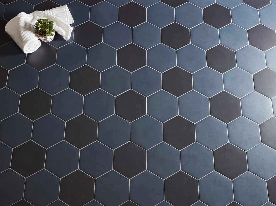 Arizona Tile - Paros Series 8.5" x 10" Rectified Color Body Porcelain Hexagon Tile - Navy Installed