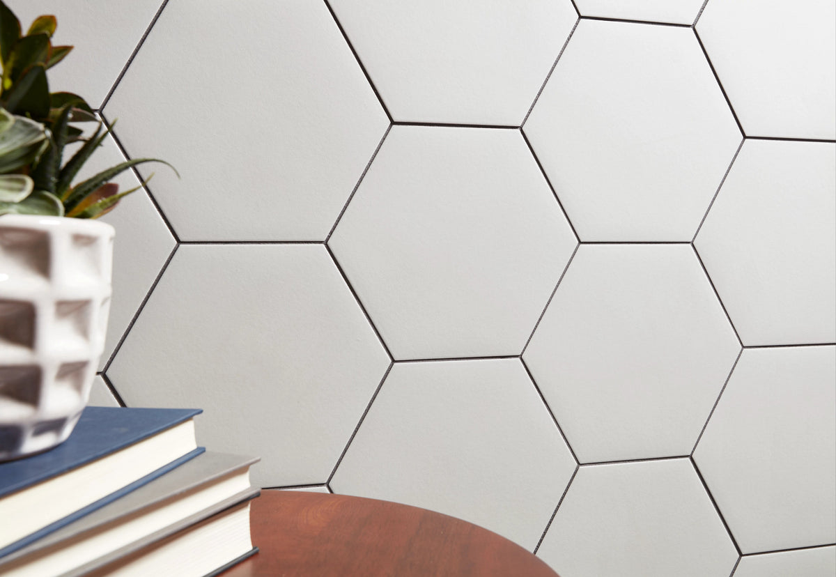Arizona Tile - Paros Series 8.5&quot; x 10&quot; Rectified Color Body Porcelain Hexagon Tile - White Installed