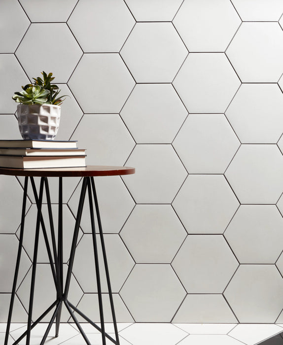 Arizona Tile - Paros Series 8.5" x 10" Rectified Color Body Porcelain Hexagon Tile - White Wall Install