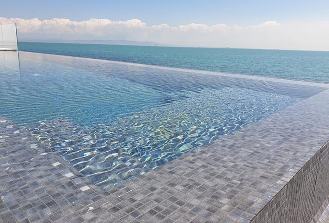 Maniscalco - Reflections Series - 1&quot; x 1&quot; Glass Squares Mosaic - Deep Sea pool installation