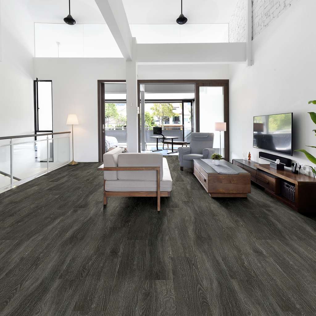 Oak Luxury Vinyl Plank Basement Family Room Flooring and Dark Gray