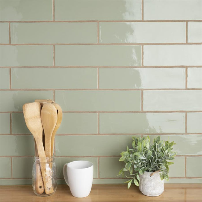 SomerTile - Chester 3" x 12" Subway Tile - Sage w/ Dark Grout