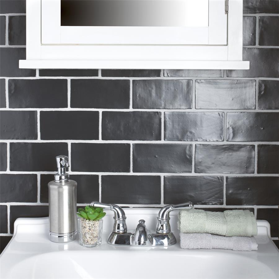 SomerTile - Chester 3&quot; x 6&quot; Subway Tile - Matte Nero Bathroom Install