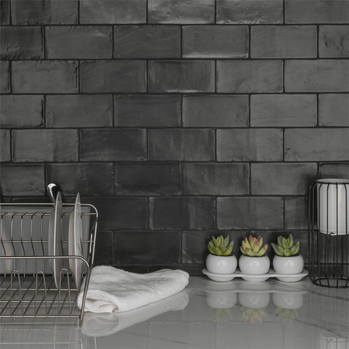 SomerTile - Chester 3" x 6" Subway Tile - Matte Nero Installed