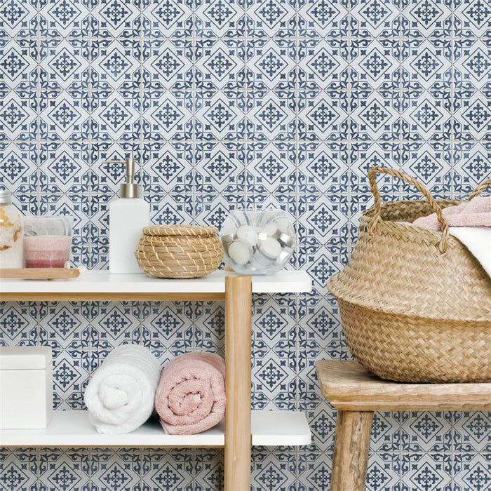 SomerTile - Harmonia 13 in. x 13 in. Ceramic Tile - Atlantic Cobalt Blue Wall Install