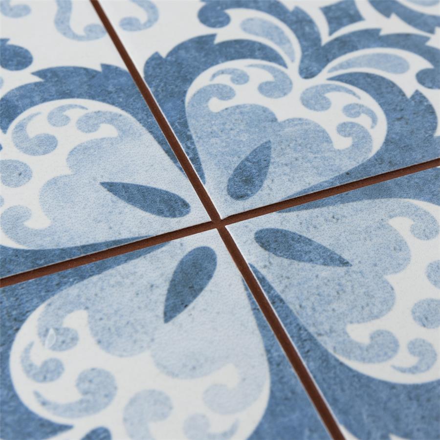 SomerTile - Harmonia 13 in. x 13 in. Ceramic Tile - Floral Lattice Blue Close