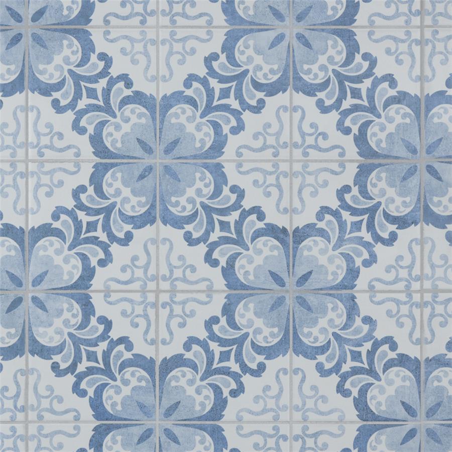SomerTile - Harmonia 13 in. x 13 in. Ceramic Tile - Floral Lattice Blue Grout View