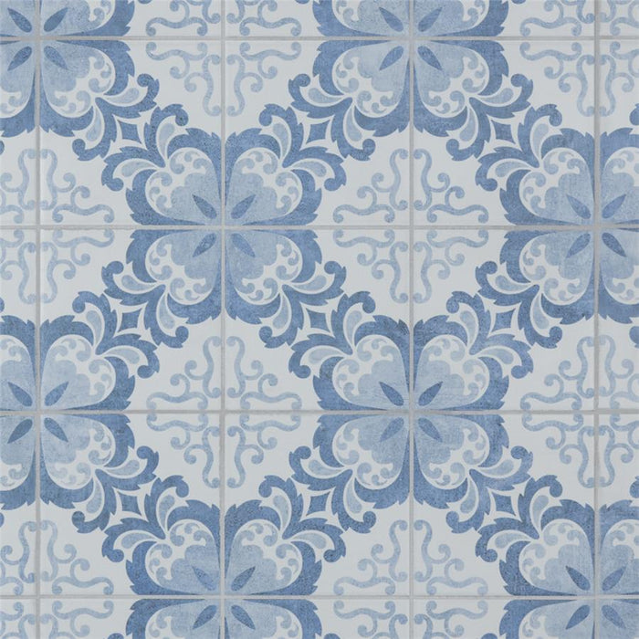 SomerTile - Harmonia 13 in. x 13 in. Ceramic Tile - Floral Lattice Blue Grout View
