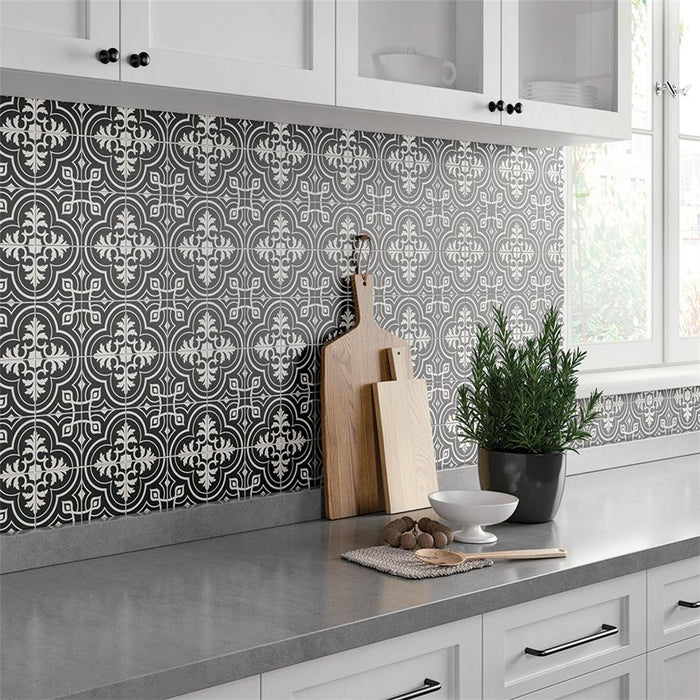 SomerTile - Harmonia 13 in. x 13 in. Ceramic Tile - Vintage Black Backsplash View