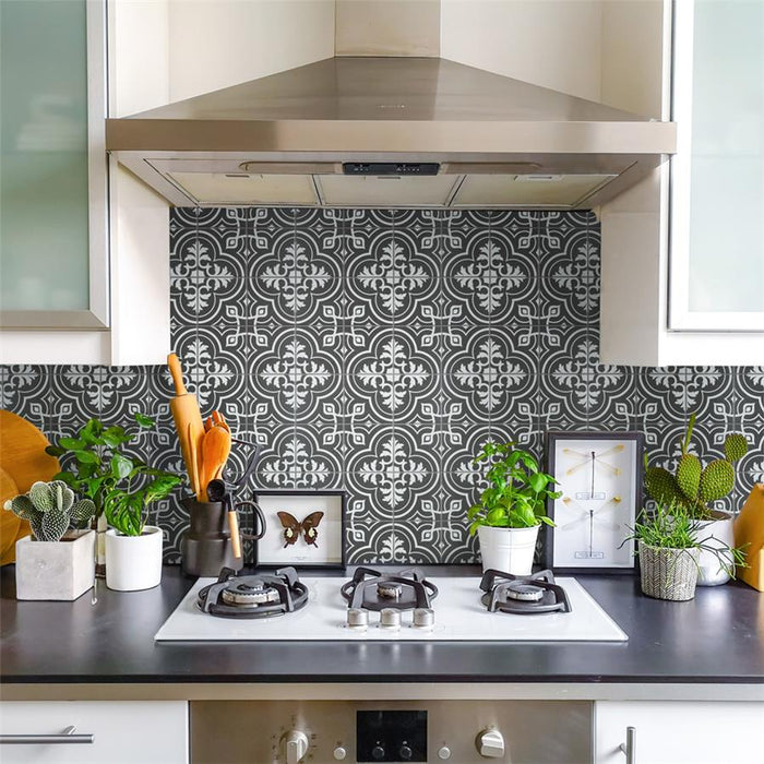 SomerTile - Harmonia 13 in. x 13 in. Ceramic Tile - Vintage Black Kitchen Install