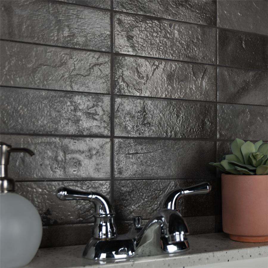 SomerTile - Kings Raku Ceramic Wall Tile – Black Bathroom Install
