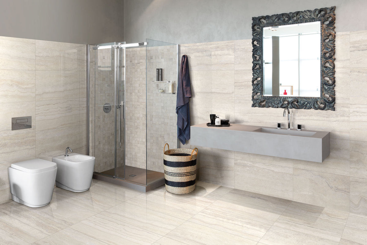 Tesoro - Memento - 12 in. x 24 in. Porcelain Tile - Bianco Polished Installed