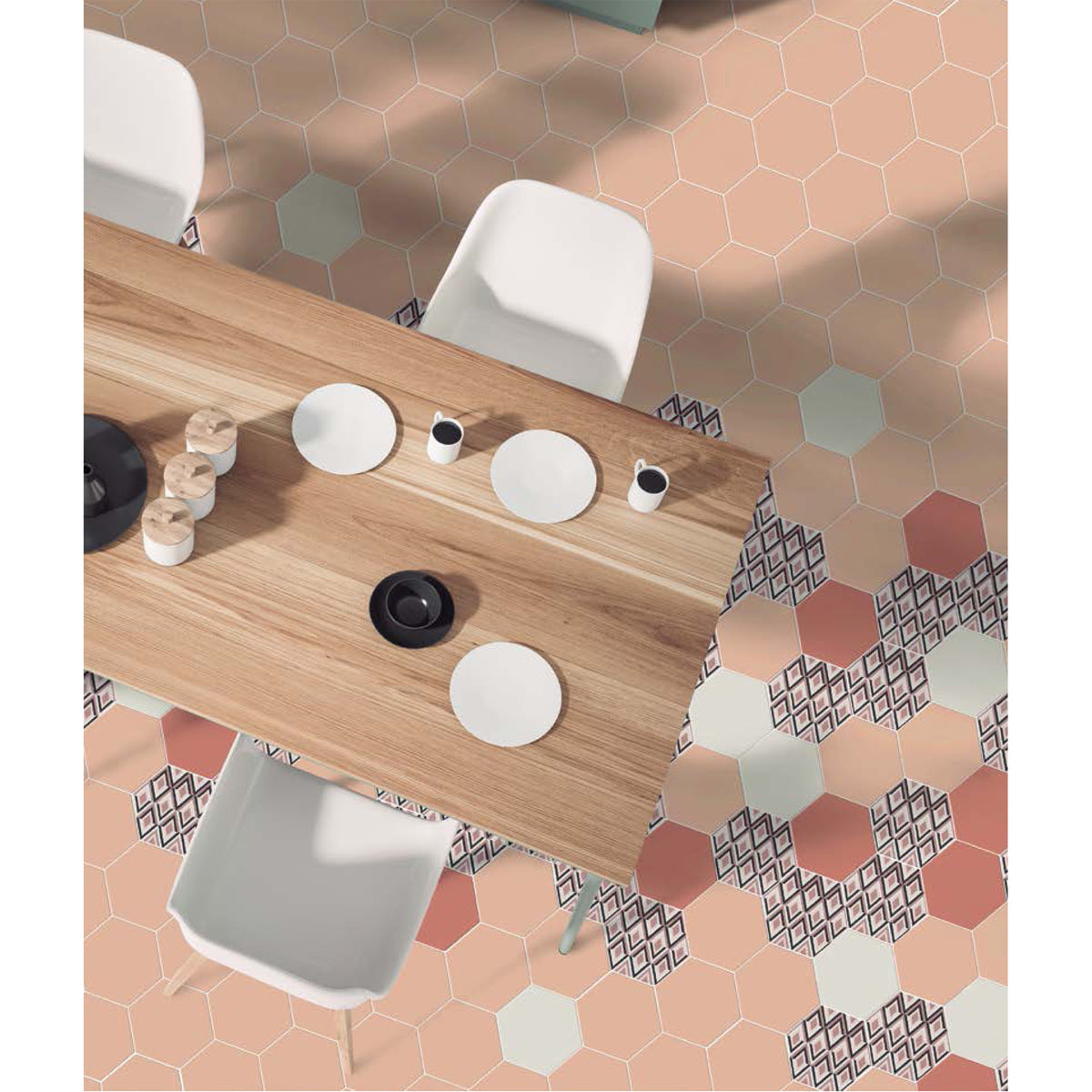 Topcu - Flamingo 6 in. Porcelain Hexagon Tile - White Installed