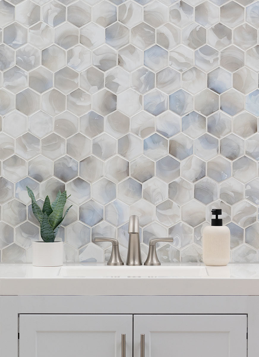 MSI - Akoya Pearl 3 in. Hexagon Glass Mosaic Wall Install