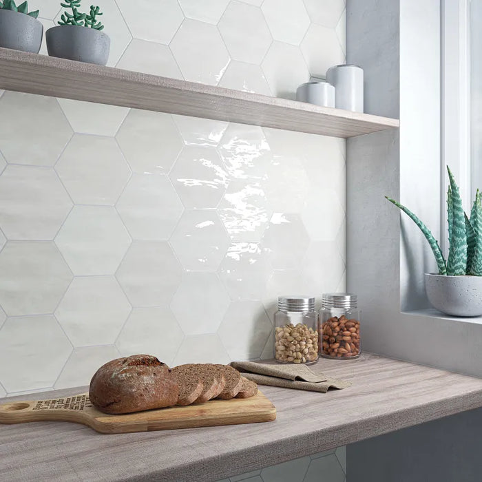  Arizona Tile - Spark Series - 6" x 7" Ceramic Hex Tile - Glossy White wall installation