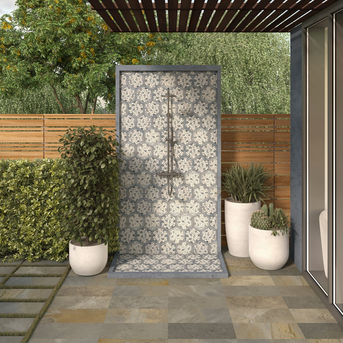 Daltile - Pebble Oasis Natural Stone Mosaic - Framed Hex - Harbor shower installation