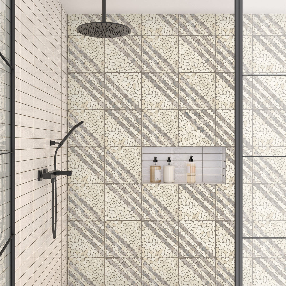 Daltile - Pebble Oasis Natural Stone Mosaic - Striped Pebble - Seashell shower installation