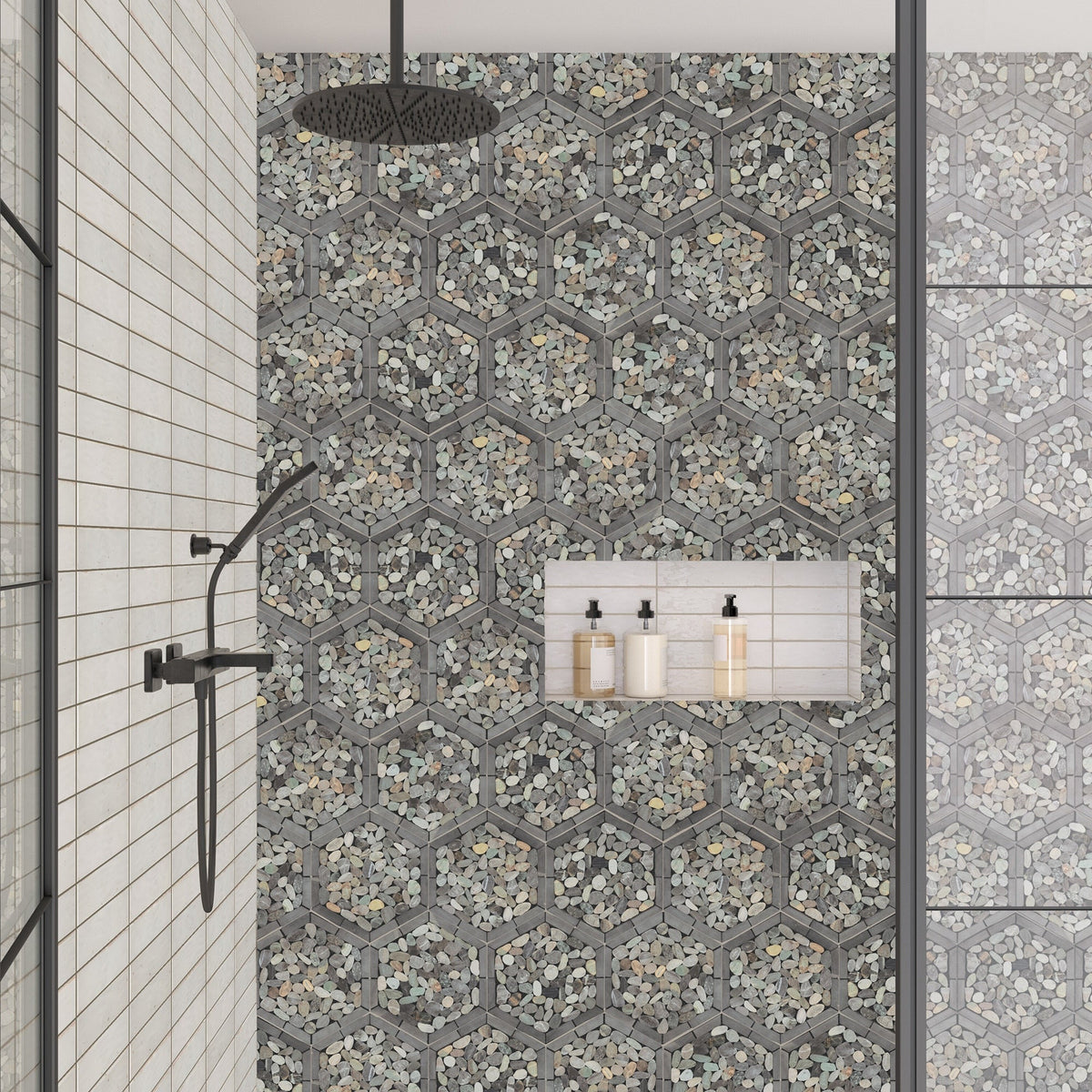 Daltile - Pebble Oasis Natural Stone Mosaic - Framed Hex - Coastal shower wall installation