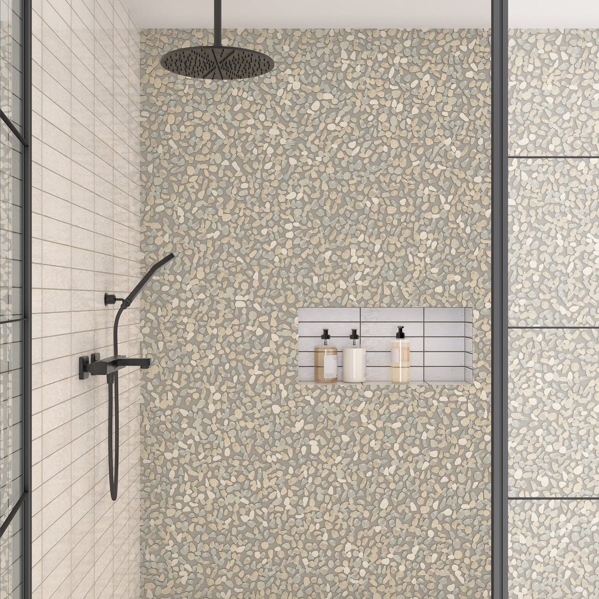 Daltile - Pebble Oasis Natural Stone Mosaic - Flat Pebble - Coal shower installation