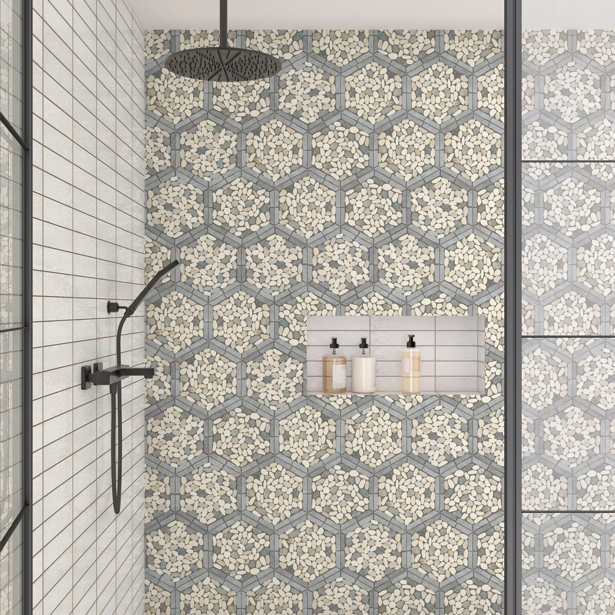 Daltile - Pebble Oasis Natural Stone Mosaic - Framed Hex - Harbor shower wall installation