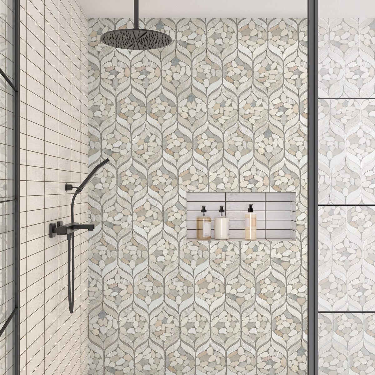 Daltile - Pebble Oasis Natural Stone Mosaic - Petal Pebble - Seashell shower installation