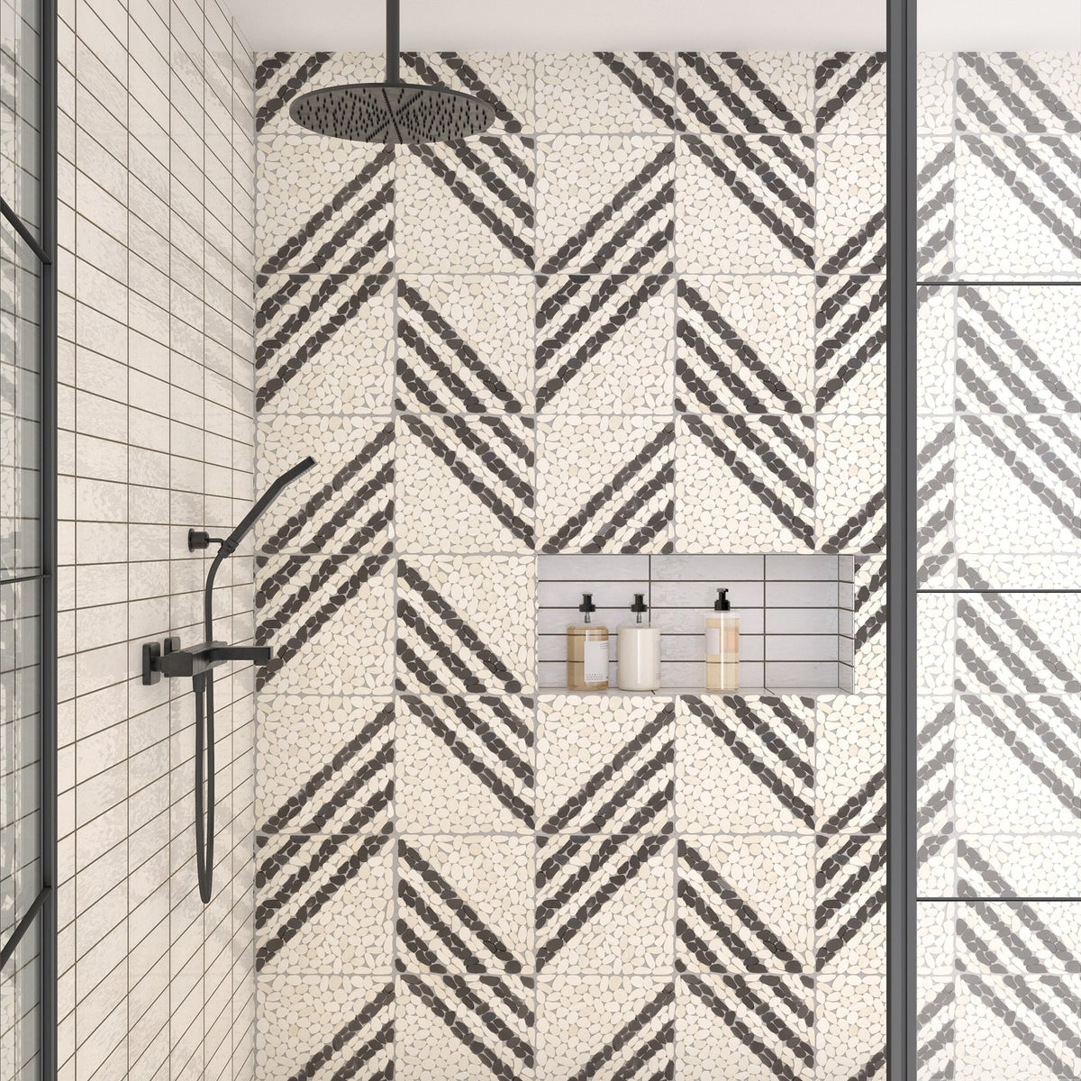 Daltile - Pebble Oasis Natural Stone Mosaic - Striped Pebble - Icicle shower installation