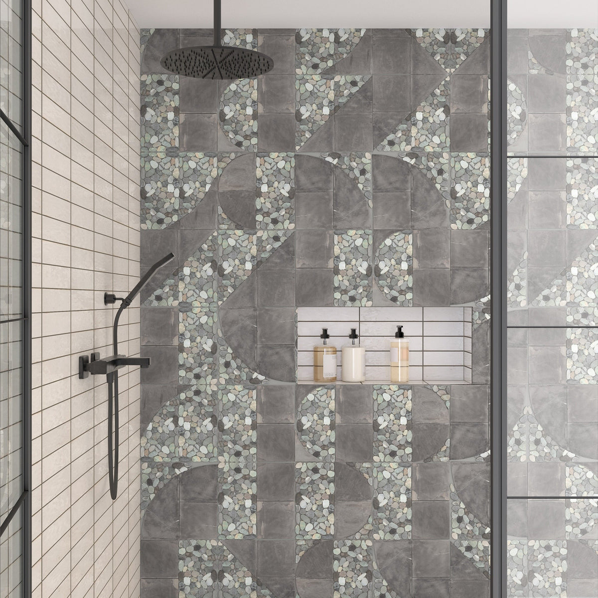 Daltile - Pebble Oasis Natural Stone Mosaic - Art Deco - Coastal shower installation