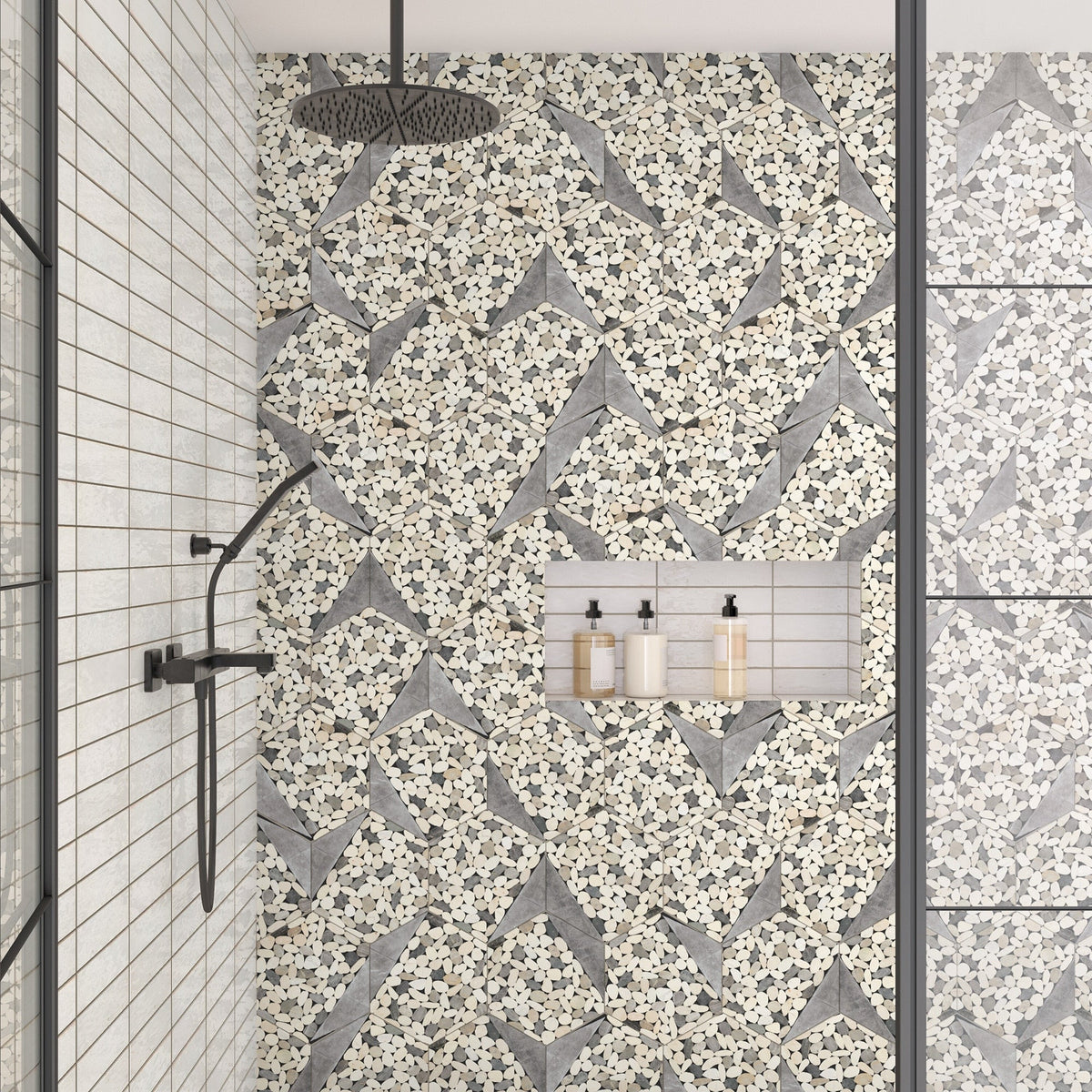 Daltile - Pebble Oasis Natural Stone Mosaic - Tri-Hex - Harbor shower wall installation