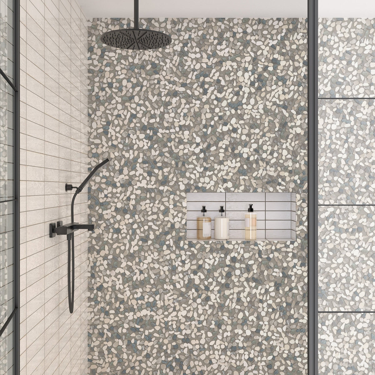 Daltile - Pebble Oasis Natural Stone Mosaic - Flat Pebble - Harbor shower installation