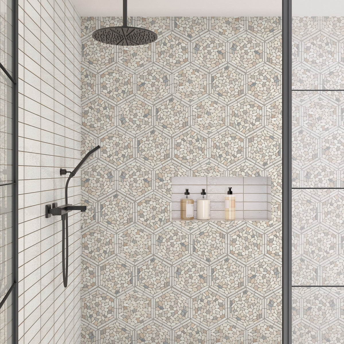 Daltile - Pebble Oasis Natural Stone Mosaic - Framed Hex - Seashell shower wall installation