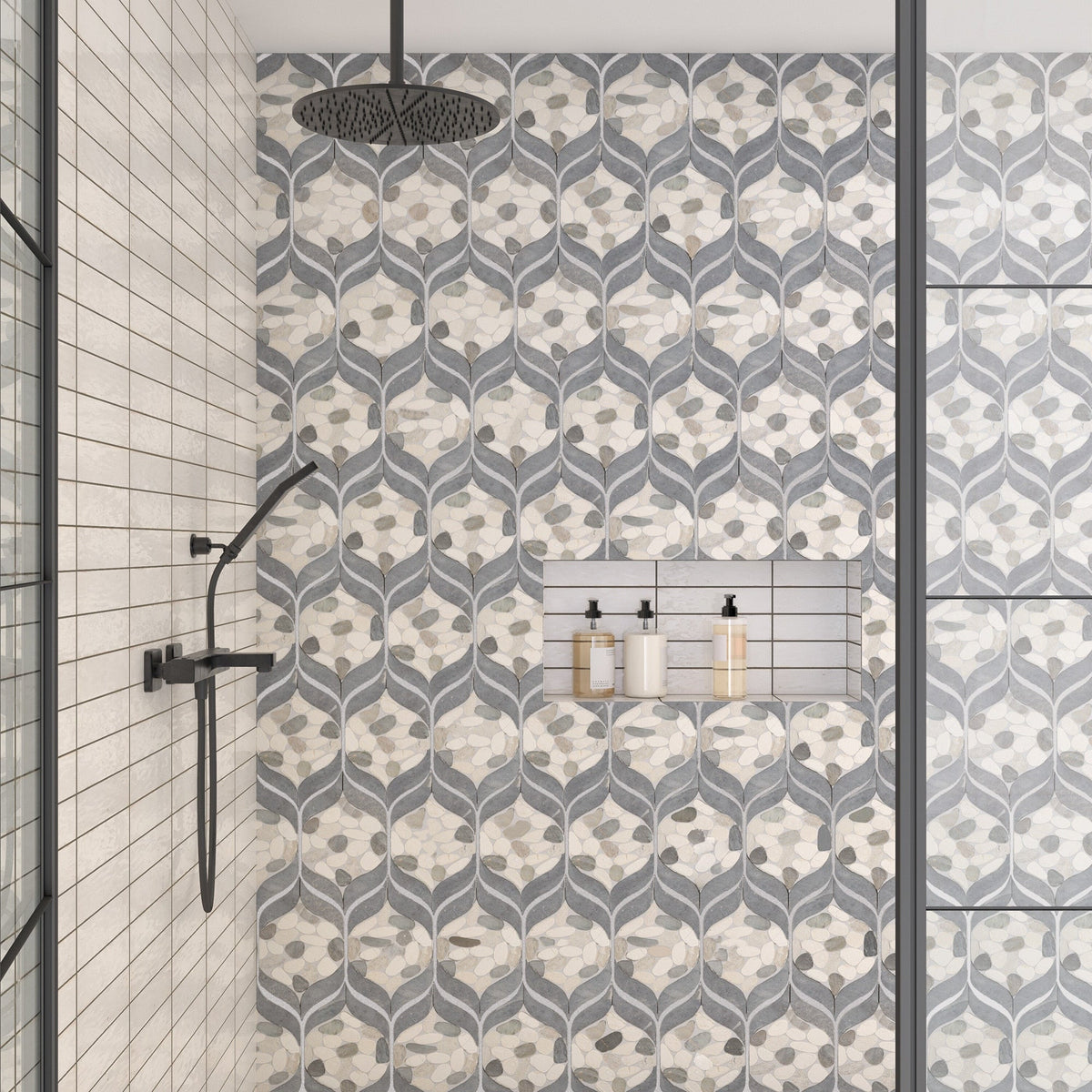 Daltile - Pebble Oasis Natural Stone Mosaic - Petal Pebble - Harbor shower installation