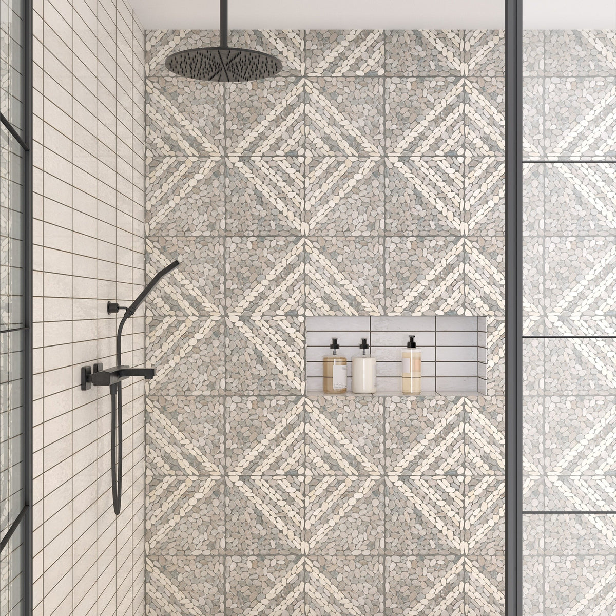 Daltile - Pebble Oasis Natural Stone Mosaic - Striped Pebble - Coal shower installation