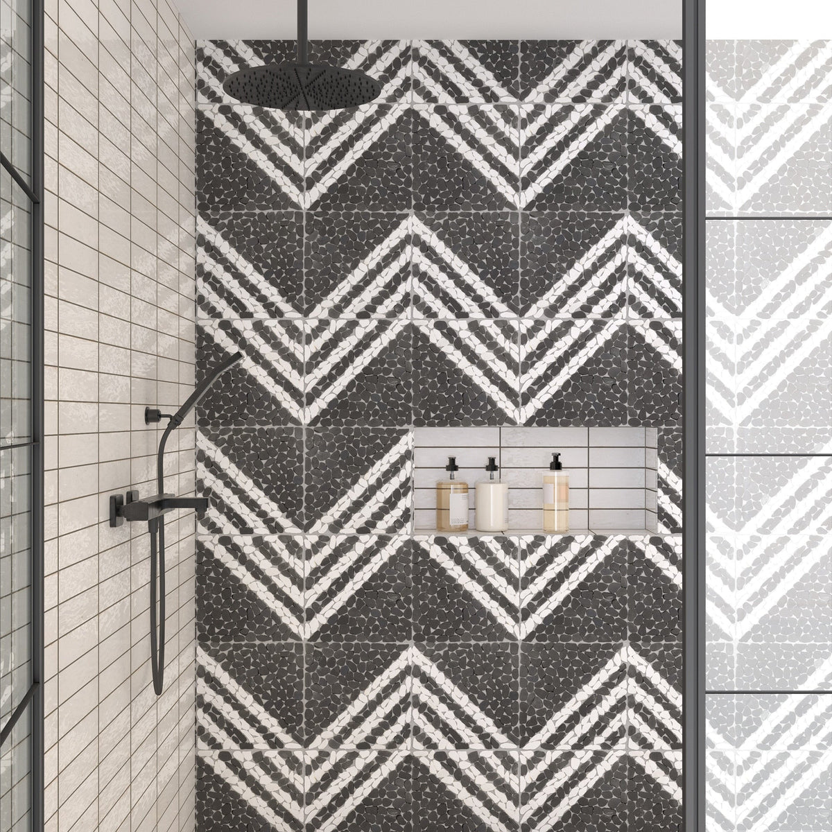 Daltile - Pebble Oasis Natural Stone Mosaic - Striped Pebble - Stark shower installation