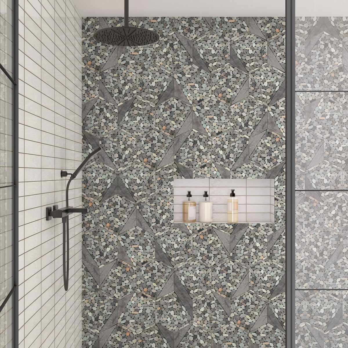 Daltile - Pebble Oasis Natural Stone Mosaic - Tri-Hex - Coastal shower wall installation